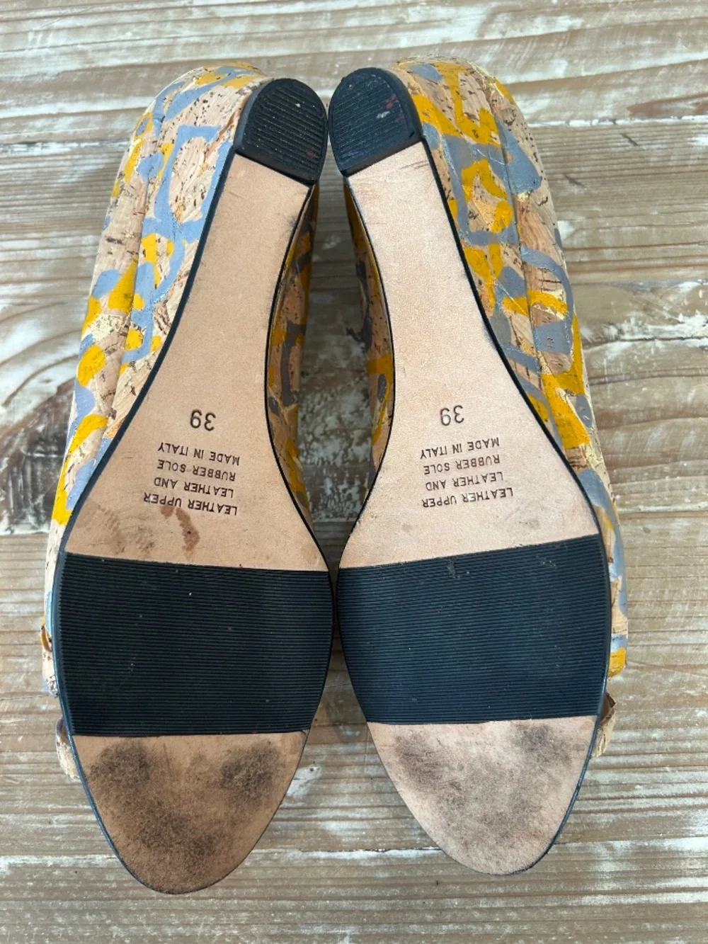 Anyi Lu Peep Toe Cork Wedges in Yellow & Grey Sz 39 (Sz 8.5-9) - EUC